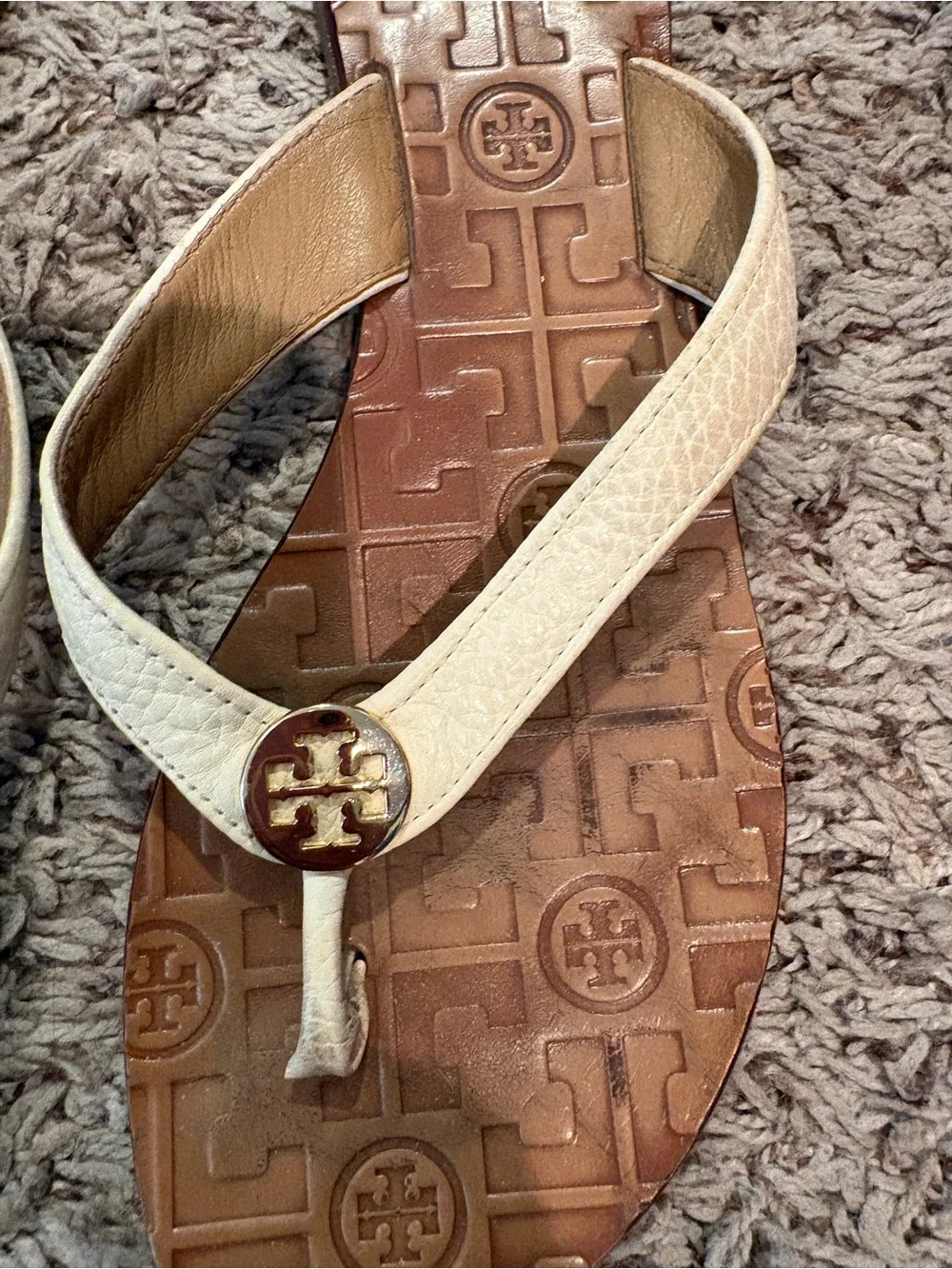 Tory Burch Thora Cream Leather Logo Thong Sandals with Gold Emblem